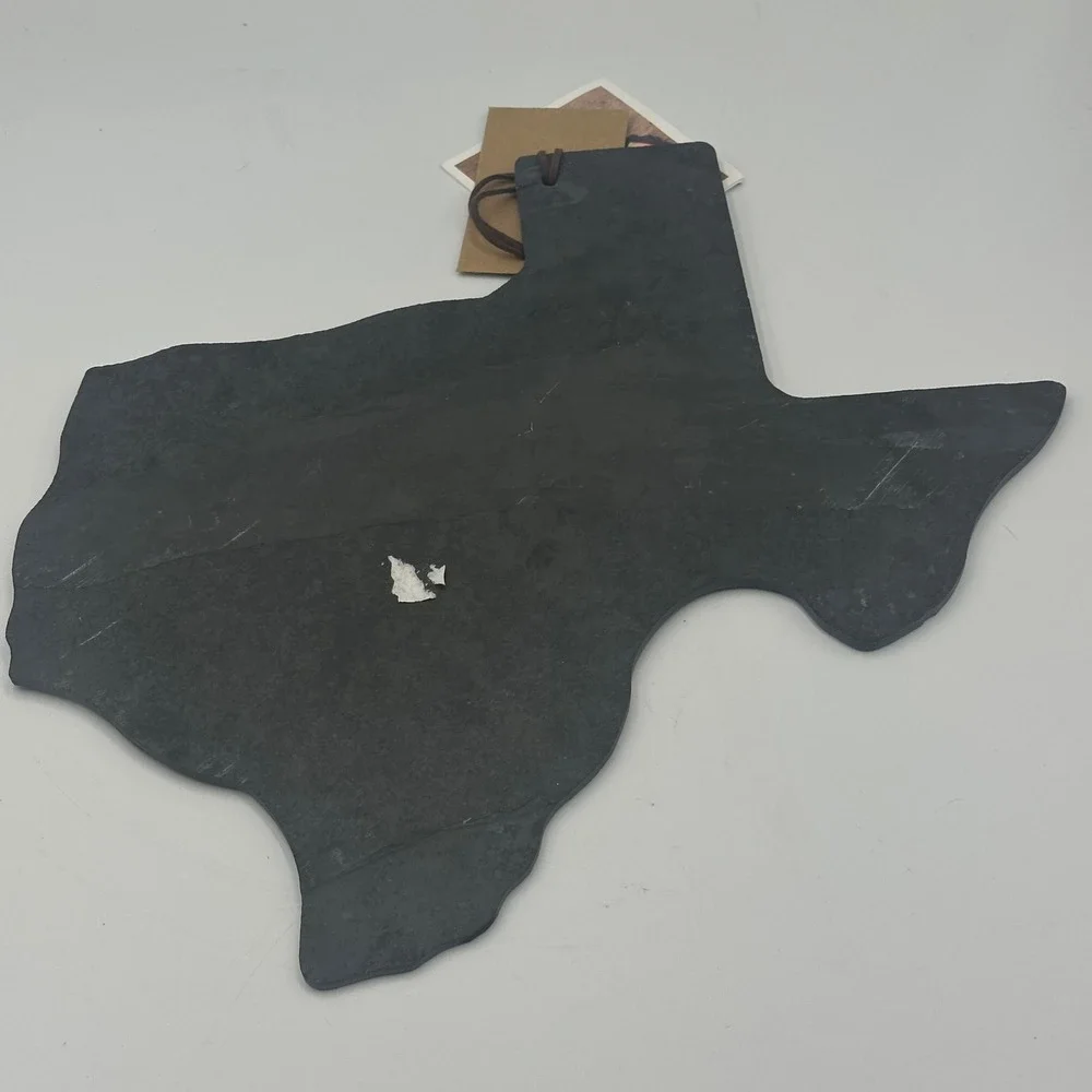 Top Shelf Living Texas Shape Slate Cheese Board Gray Etched Word Map Rustic NEW